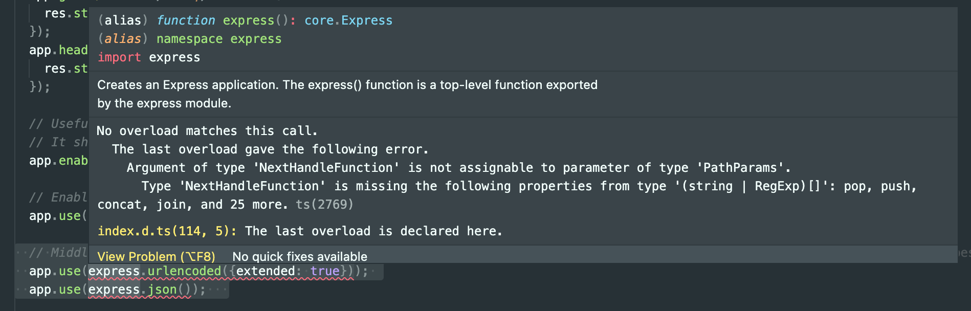 Argument of type NextHandleFunction is not assignable to parameter of type PathParams